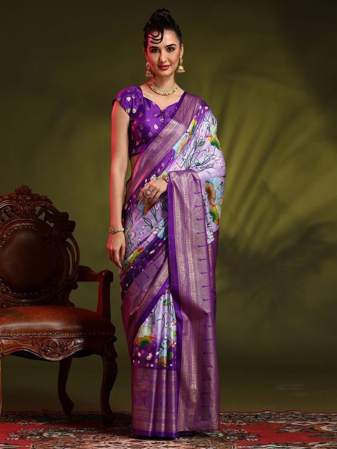 

Sadika Kalamkari Printed Zari Bhagalpuri Saree, Purple