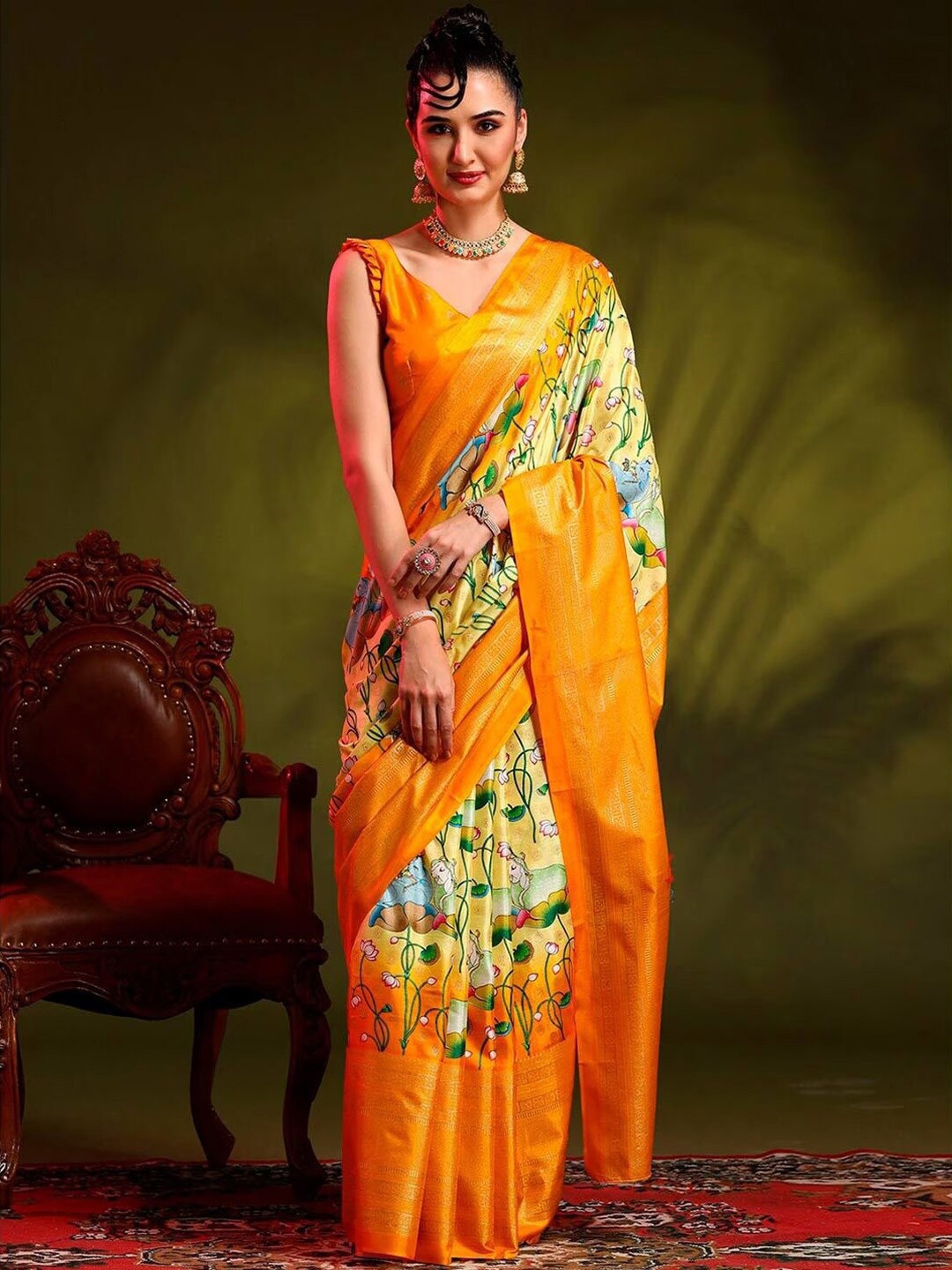 

Sadika Kalamkari Zari Bhagalpuri Saree, Yellow