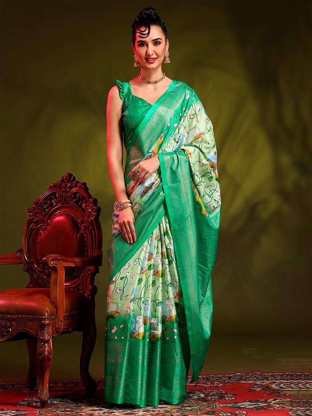 

Sadika Floral Zari Bhagalpuri Saree, Green