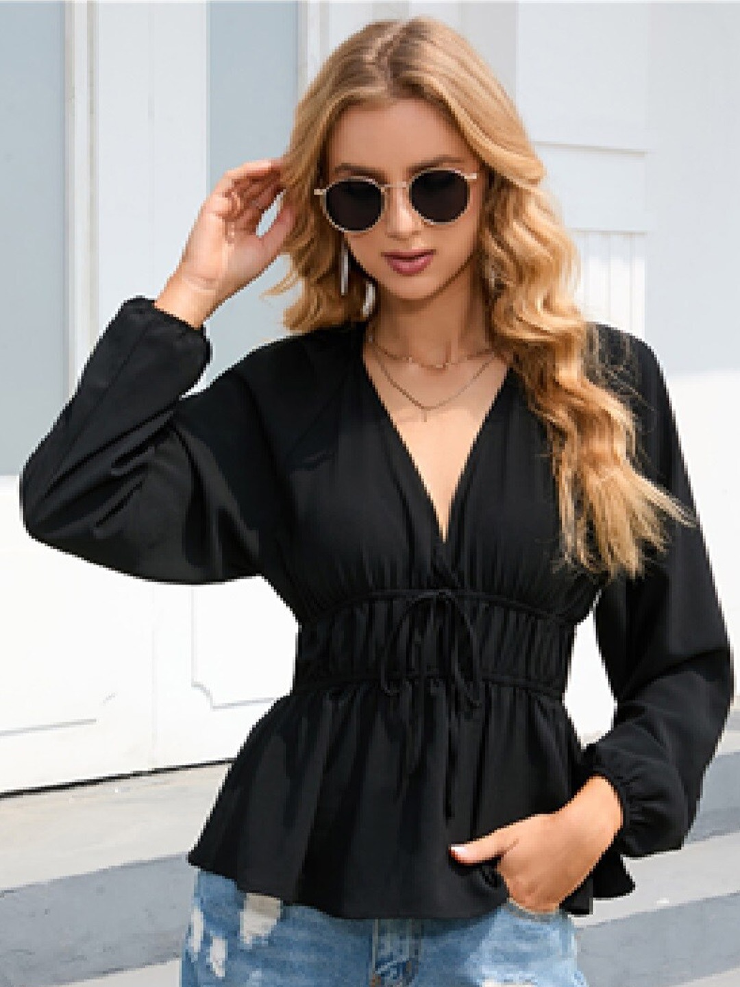 

StyleCast Black Cotton V-Neck Long Sleeves Opaque Styled Back Casual Top