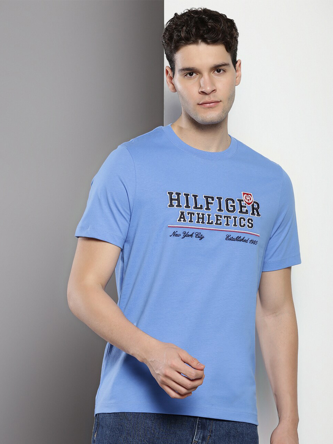 

Tommy Hilfiger Typography Printed Crew Neck Pure Cotton T-shirt, Blue