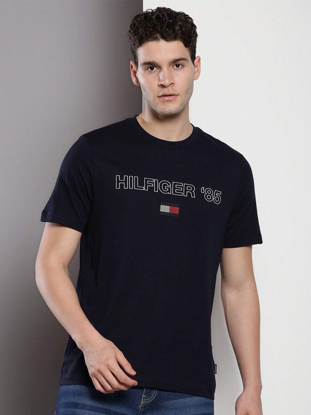 

Tommy Hilfiger Typography Printed Crew Neck Pure Cotton T-shirt, Navy blue