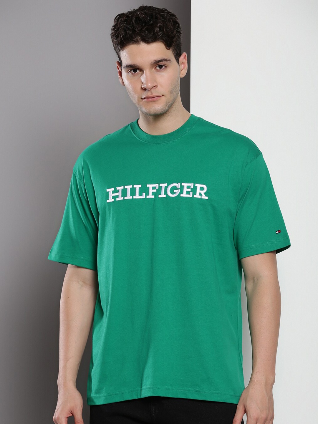 

Tommy Hilfiger Typography Printed Crew Neck Drop-Shoulder Sleeves Pure Cotton T-shirt, Green