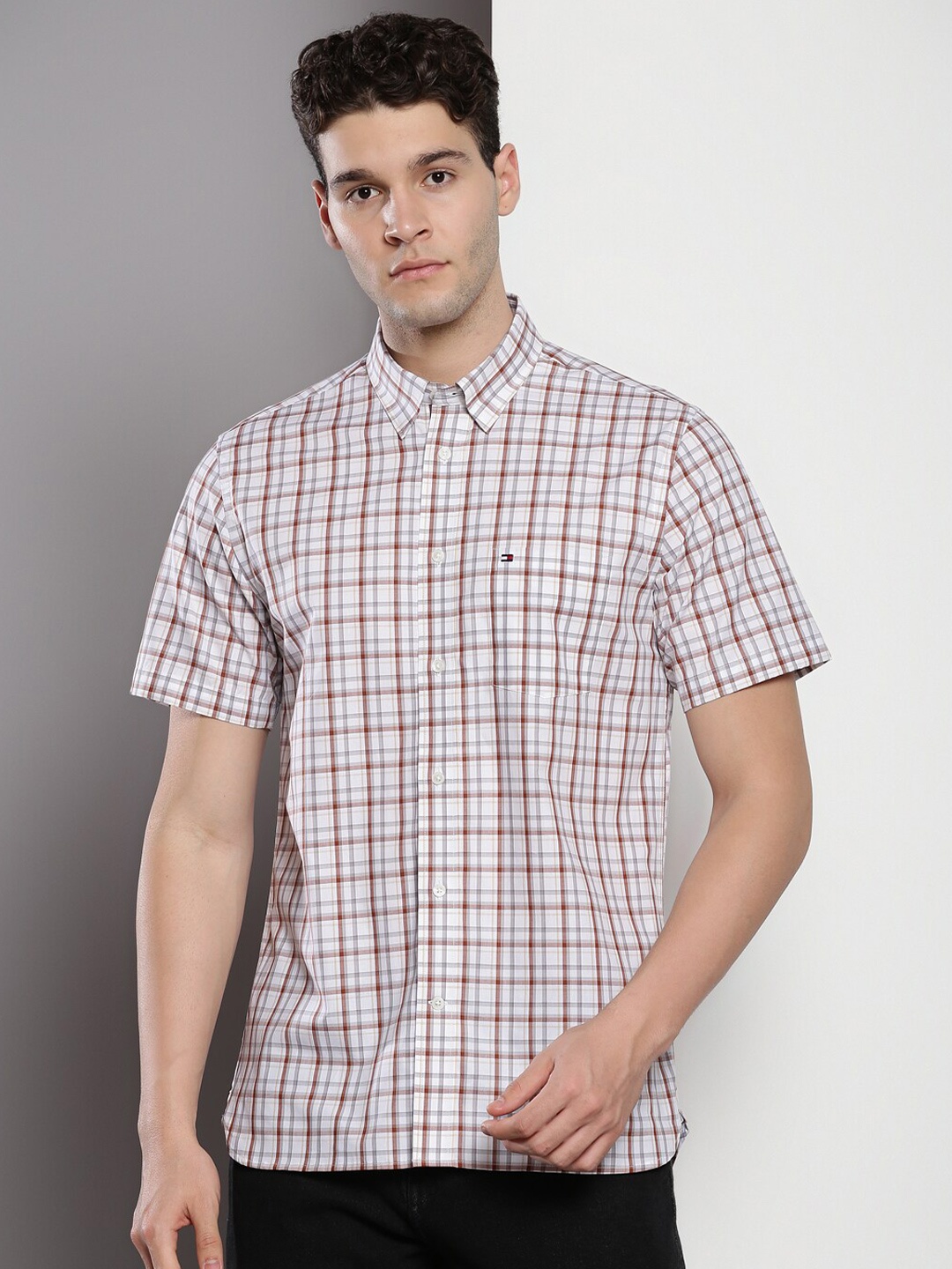 

Tommy Hilfiger Tartan Checked Spread Collar Pure Cotton Casual Shirt, White