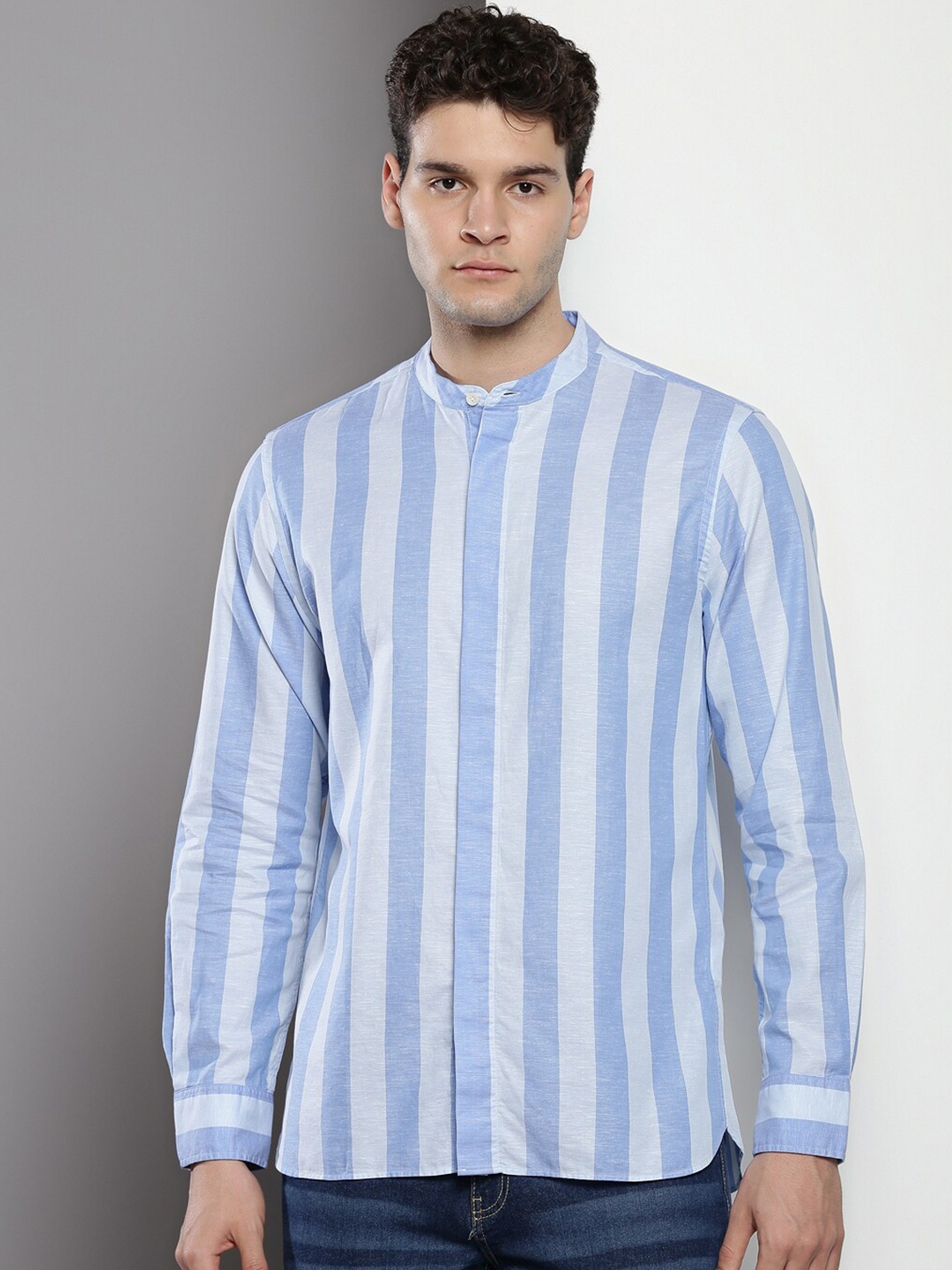 

Tommy Hilfiger Vertical Striped Band Collar Casual Shirt, Blue