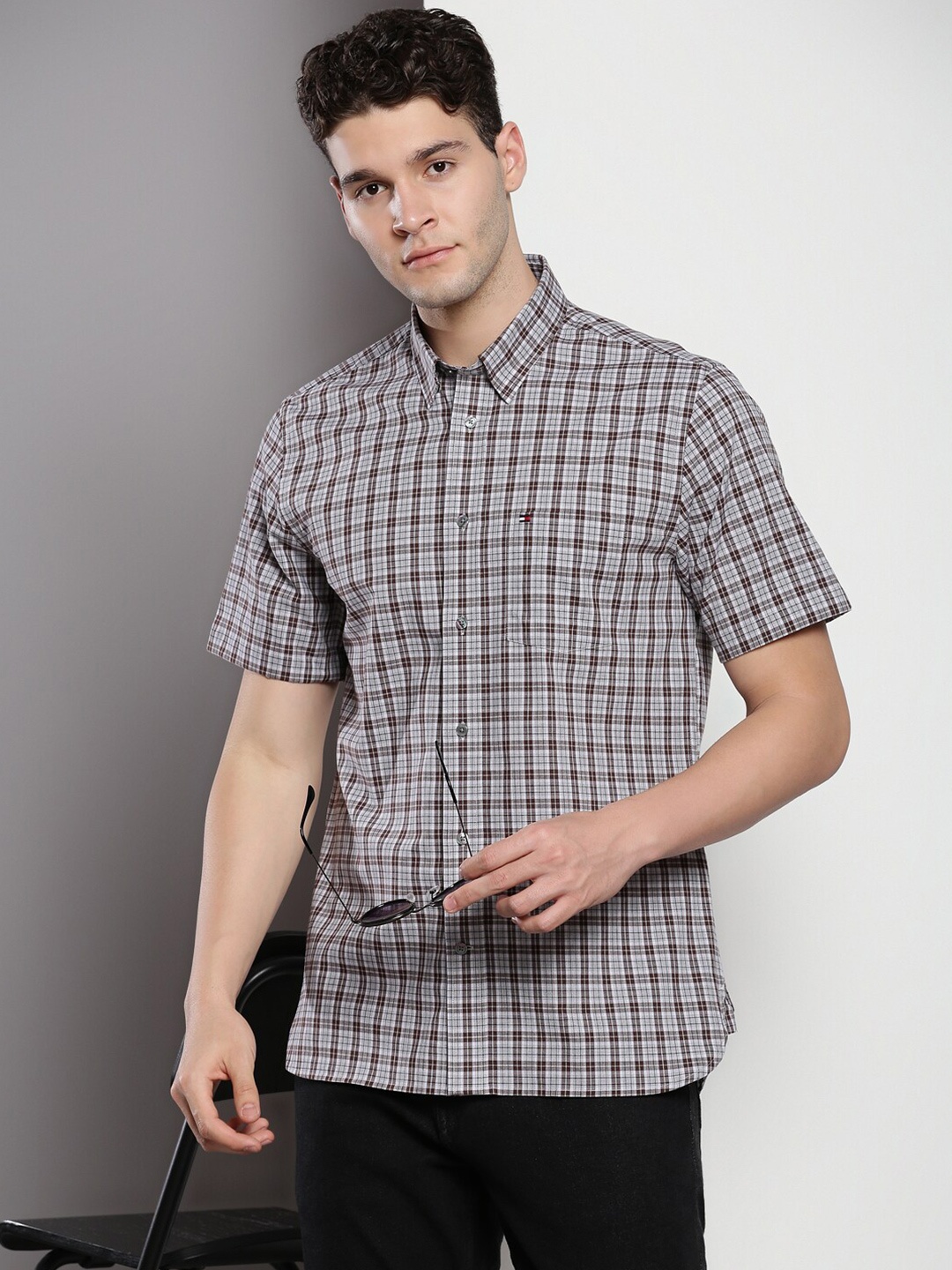 

Tommy Hilfiger Tartan Checked Pure Cotton Casual Shirt, Grey melange