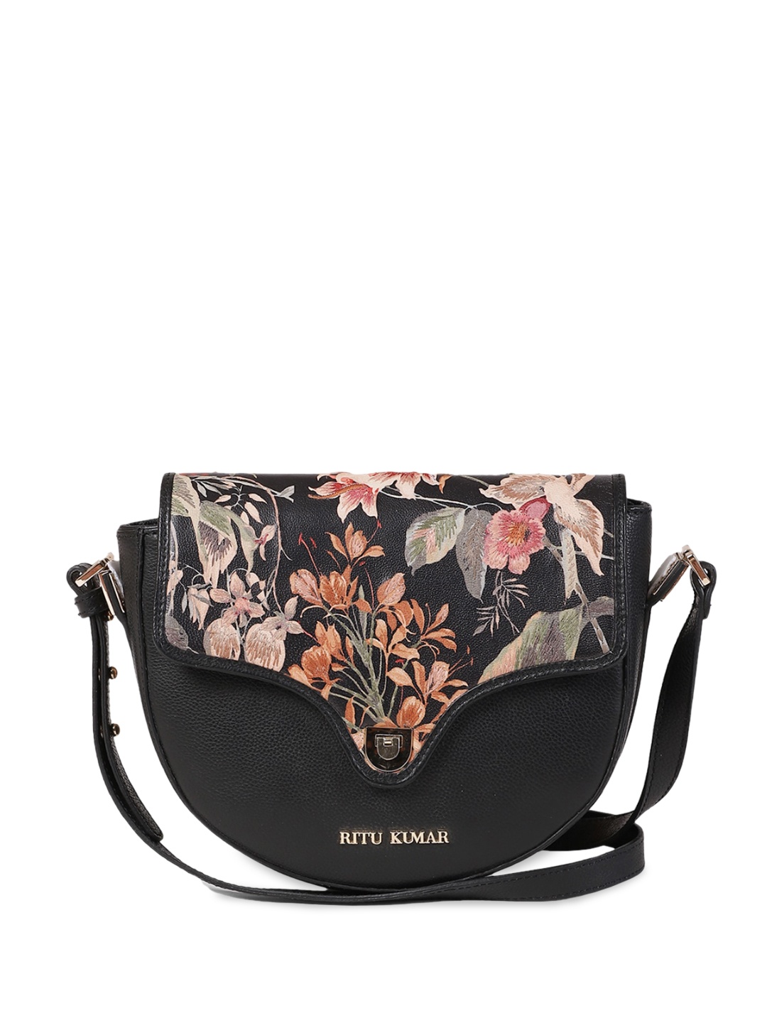

Ritu Kumar Floral Printed Leather Structured Sling Bag, Black