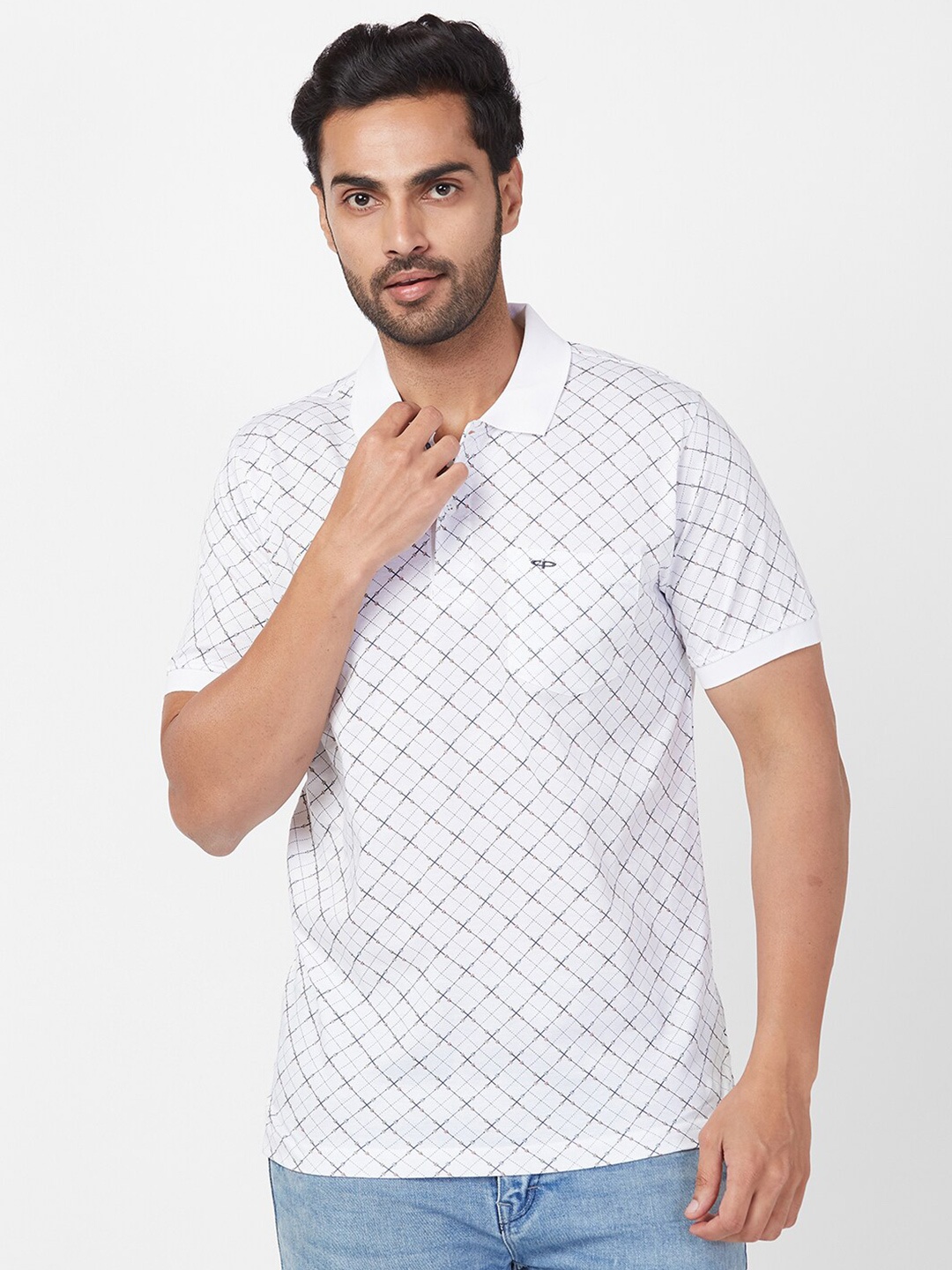 

ColorPlus Geometric Printed Cotton Polo Collar T-shirt, White