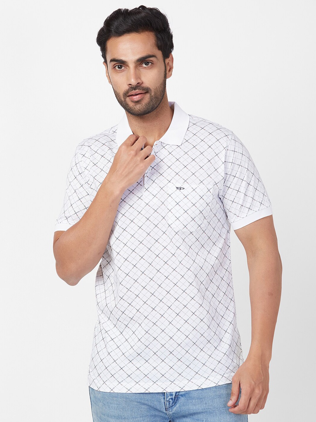ColorPlus Geometric Printed Cotton Polo Collar Knitted T-shirt, White