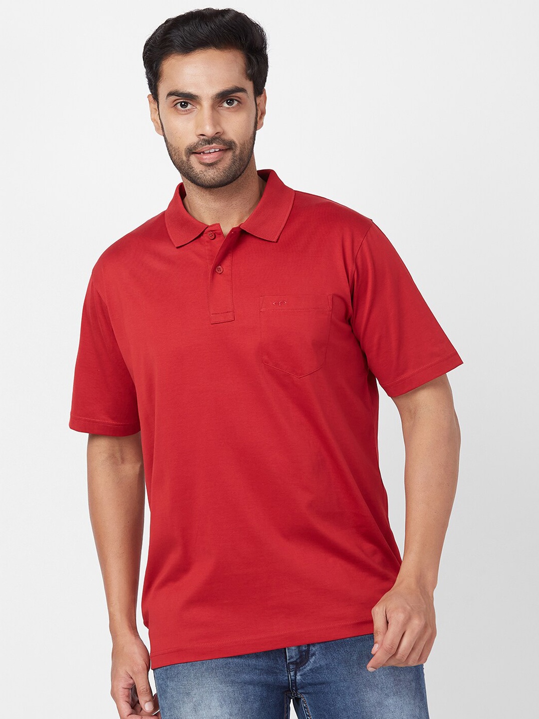 

ColorPlus Polo Collar Cotton Knitted Applique T-shirt, Red