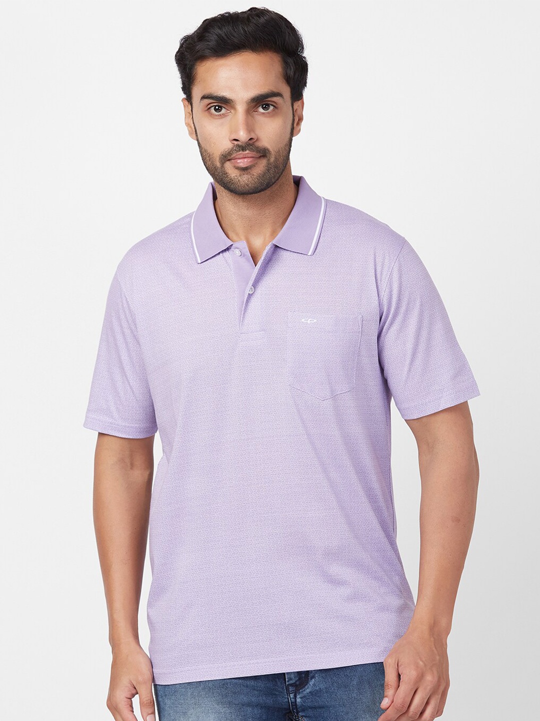 ColorPlus Geometric Printed Polo Collar Cotton T-shirt, Violet