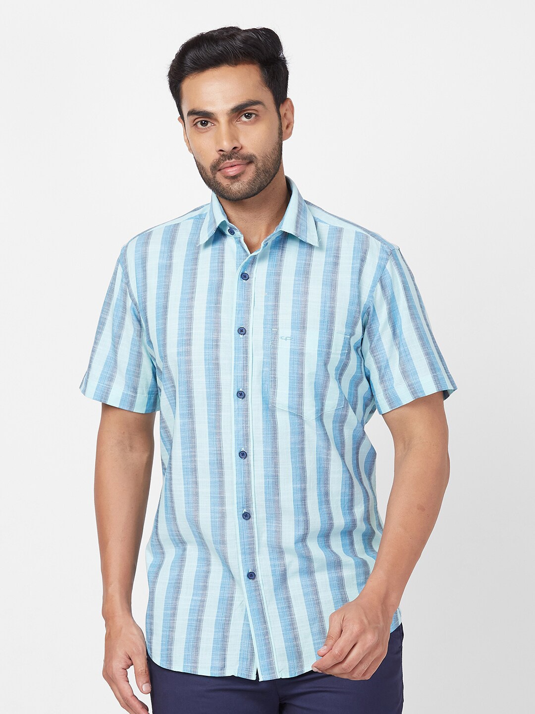 ColorPlus Vertical Striped Spread Collar Cotton Casual Shirt, Sea green