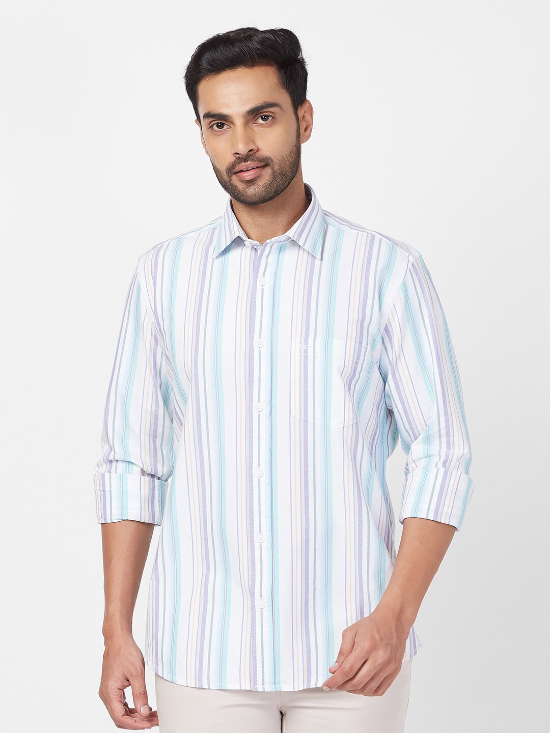 

ColorPlus Vertical Striped Spread Collar Cotton Casual Shirt, White