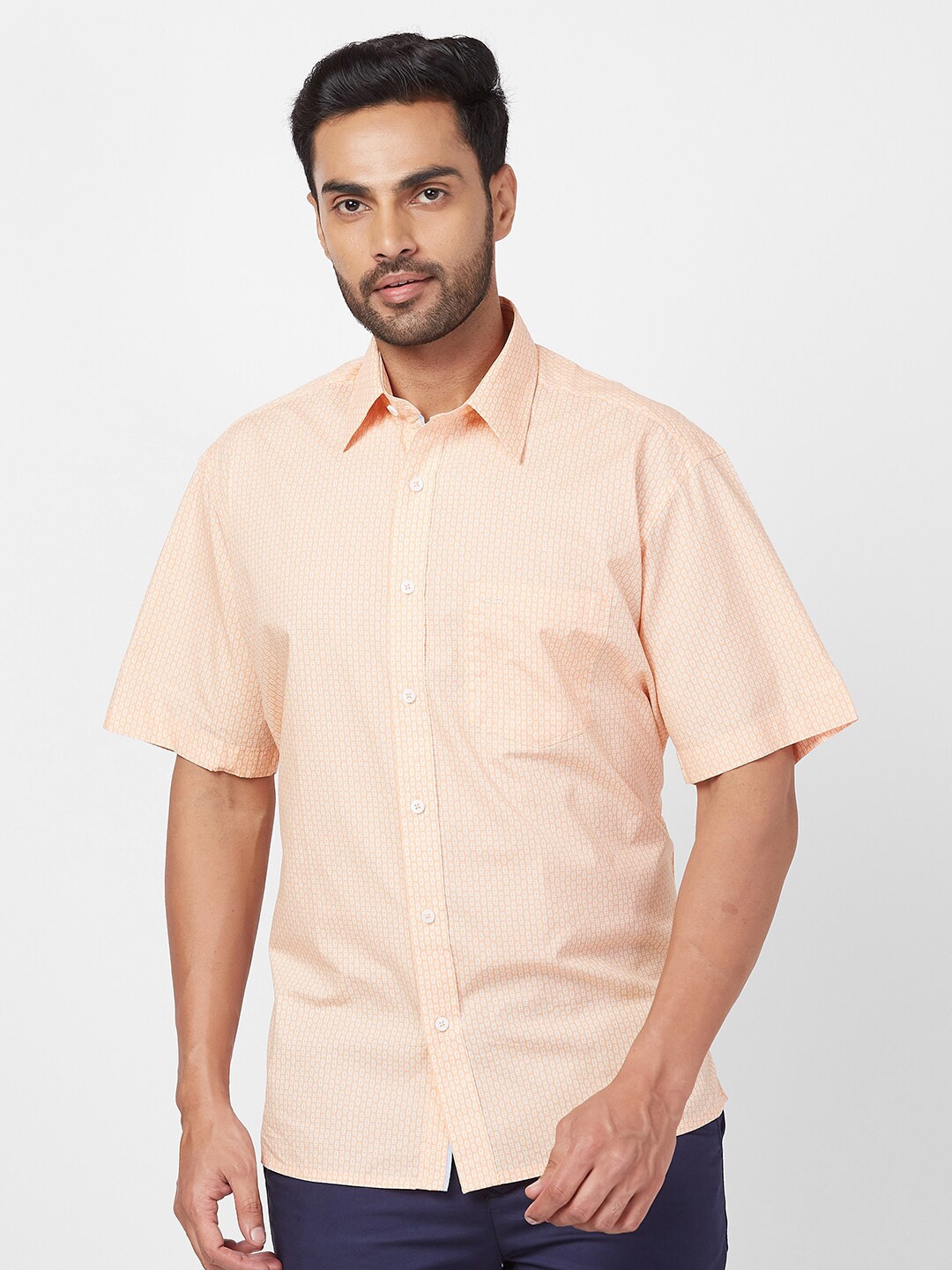 ColorPlus Geometric Printed Spread Collar Cotton Casual Shirt, Peach