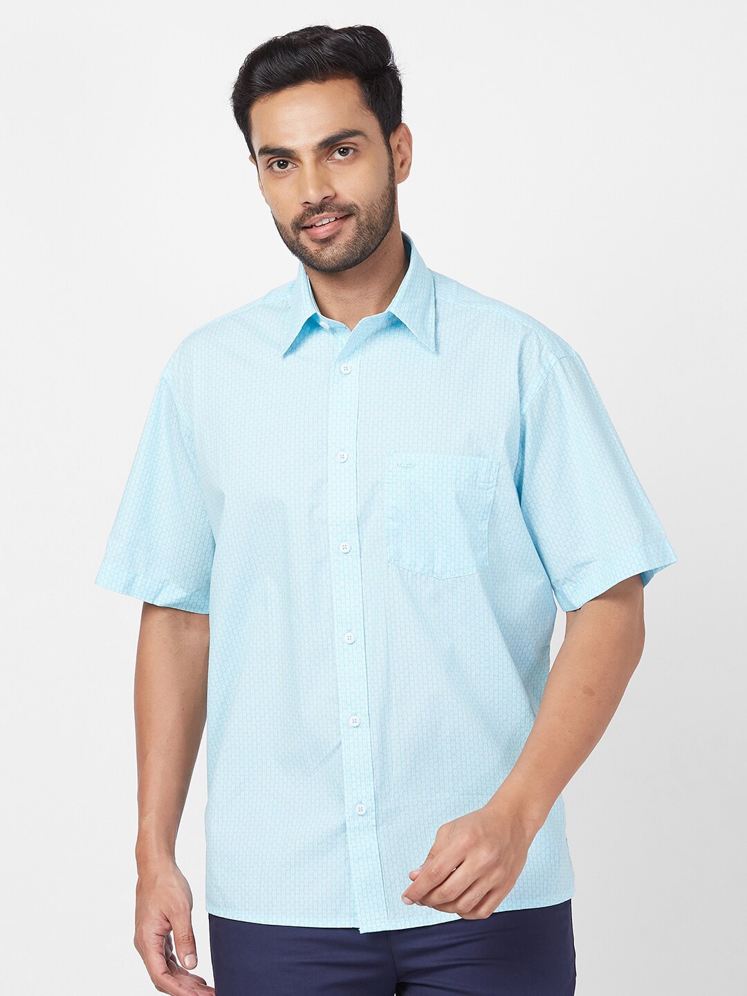 

ColorPlus Geometric Printed Spread Collar Cotton Casual Shirt, Blue