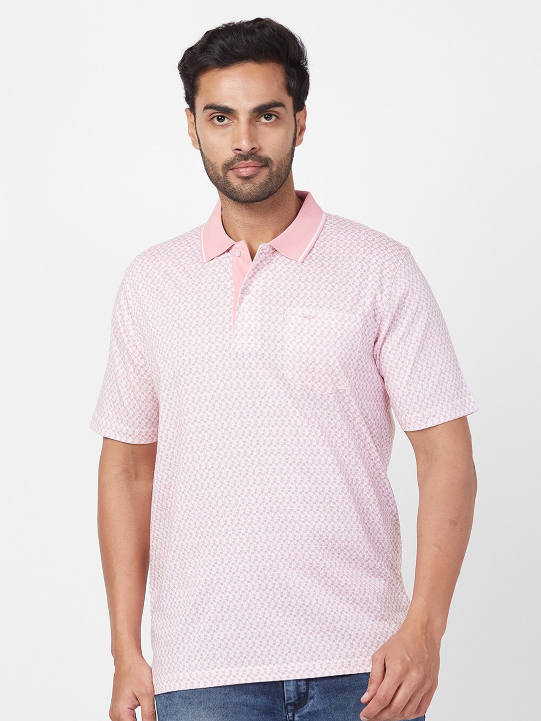 

ColorPlus Geometric Printed Polo Collar Cotton T-shirt, Peach