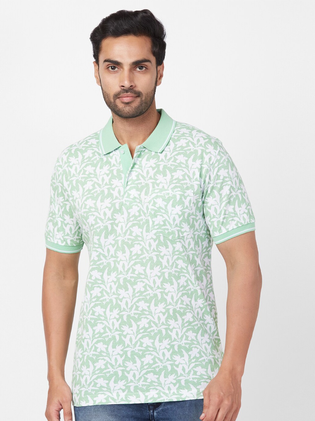 

ColorPlus Floral Printed Polo Collar Cotton T-shirt, Sea green
