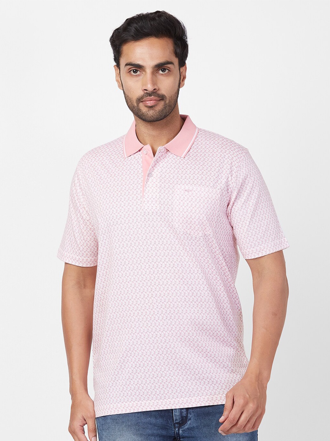 ColorPlus Geometric Printed Polo Collar Cotton T-shirt, Peach