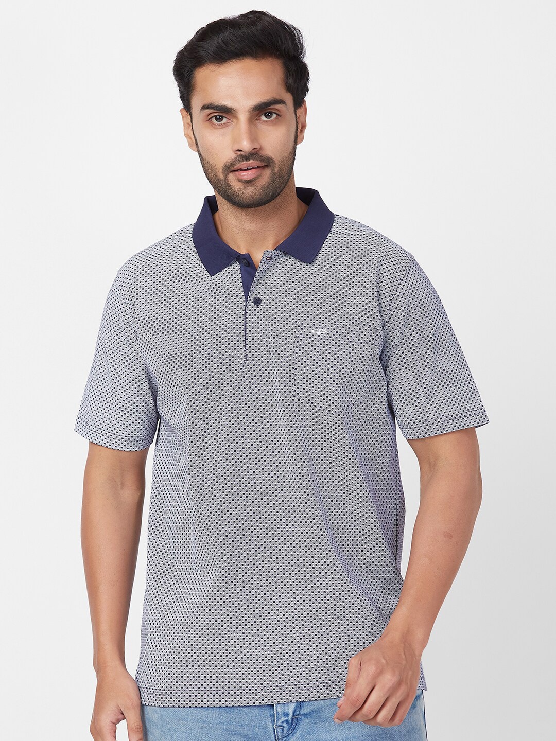 ColorPlus Geometric Printed Polo Collar Cotton T-shirt, Blue