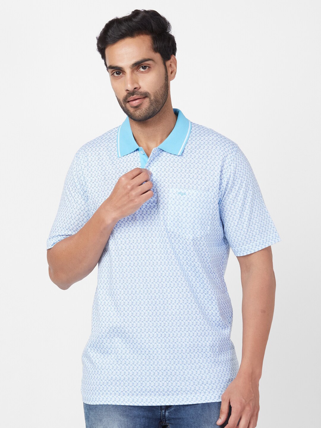 

ColorPlus Geometric Printed Polo Collar Cotton T-shirt, Blue