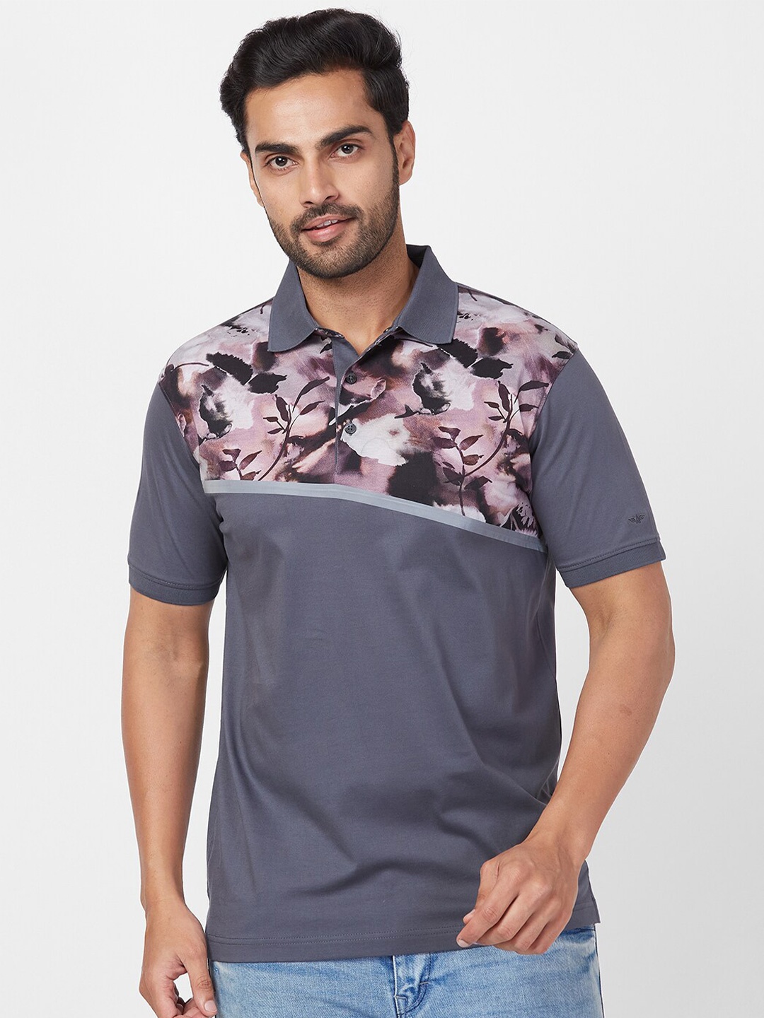 

Park Avenue Floral Printed Polo Collar Pure Cotton Slim Fit T-shirt, Grey