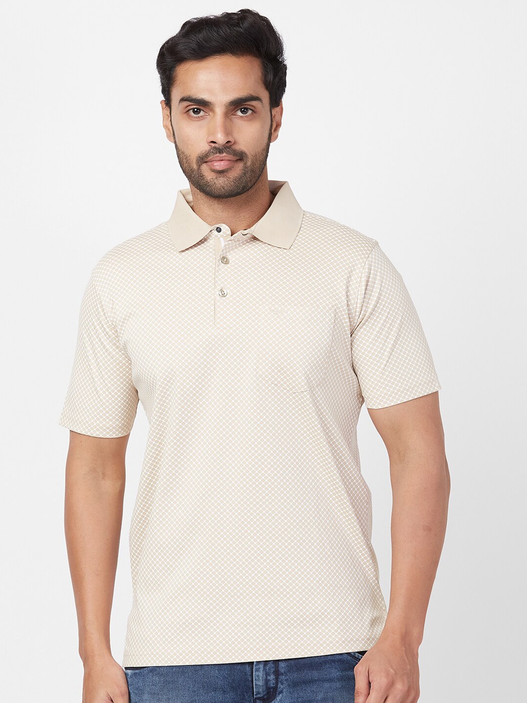 

Park Avenue Geometric Printed Polo Collar Cotton Slim Fit T-shirt, Beige