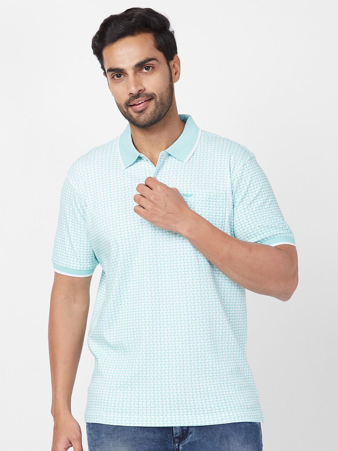 

Park Avenue Geometric Printed Polo Collar Cotton Slim Fit T-shirt, White