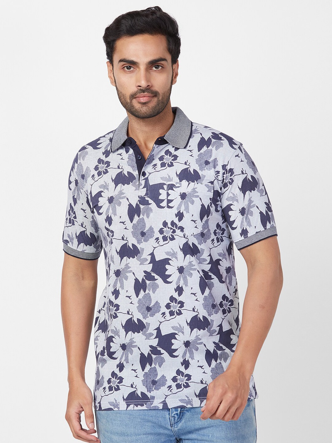 

Park Avenue Floral Printed Polo Collar Slim Fit T-shirt, Blue