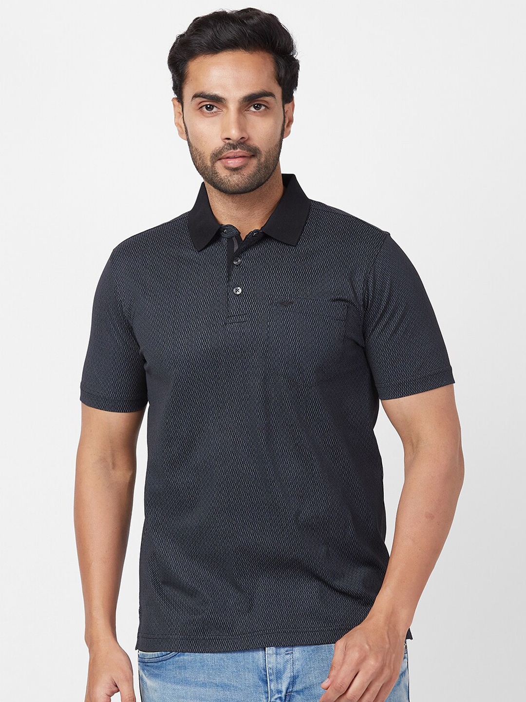 

Park Avenue Geometric Printed Polo Collar Cotton Slim Fit T-shirt, Black