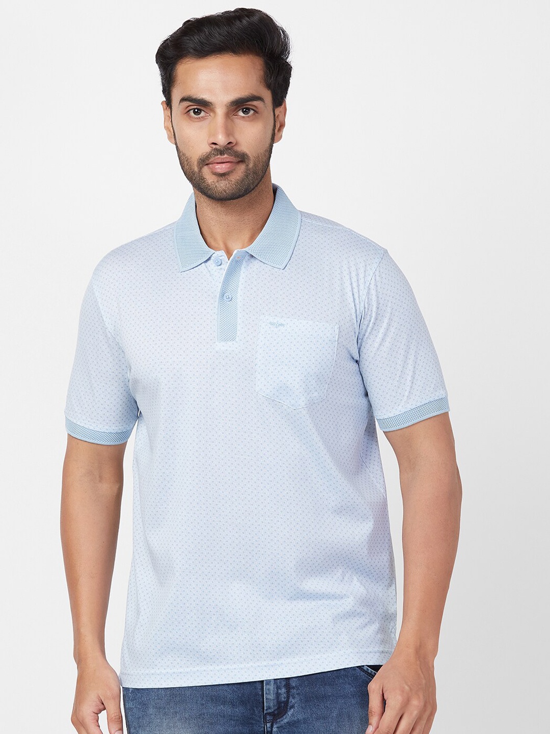 

Park Avenue Geometric Printed Polo Collar Cotton Slim Fit T-shirt, Blue