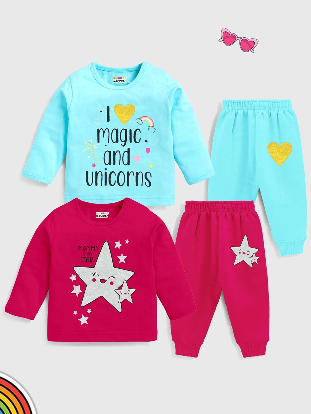 

KUCHIPOO Girls Pack Of 2 Printed T-shirt with Pyjamas, Sea green