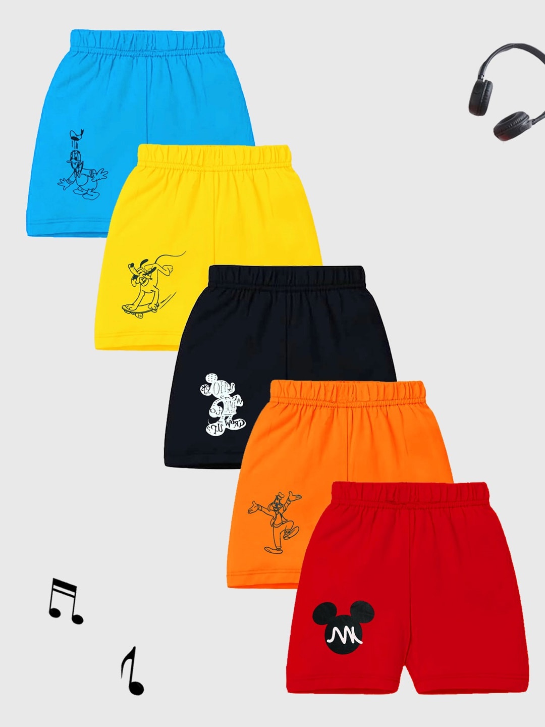 

KUCHIPOO Kids Pack of 5 Mickey & Friends Printed Shorts, Orange