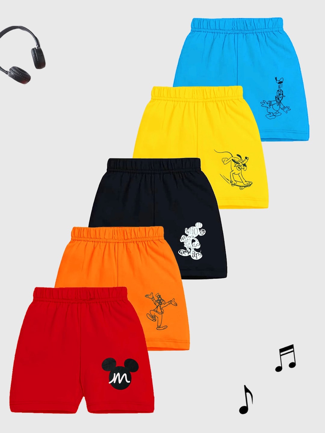 

KUCHIPOO Kids Pack of 5 Mickey & Friends Printed Shorts, Orange