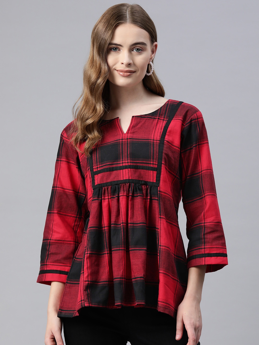 

One Femme Checked Cotton Top, Red