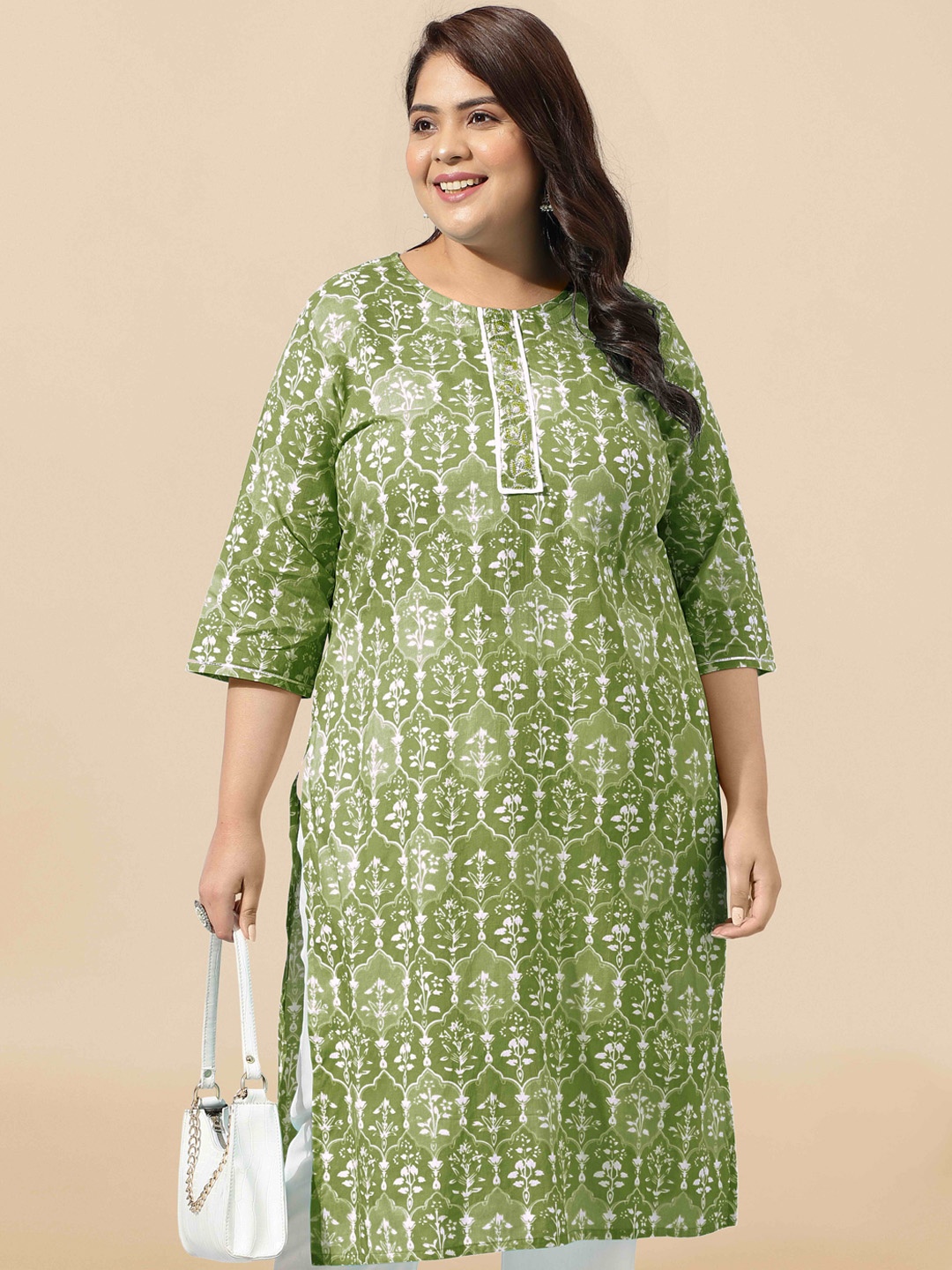 

KALINI Ethnic Motifs Printed Pure Cotton Straight Kurta, Olive