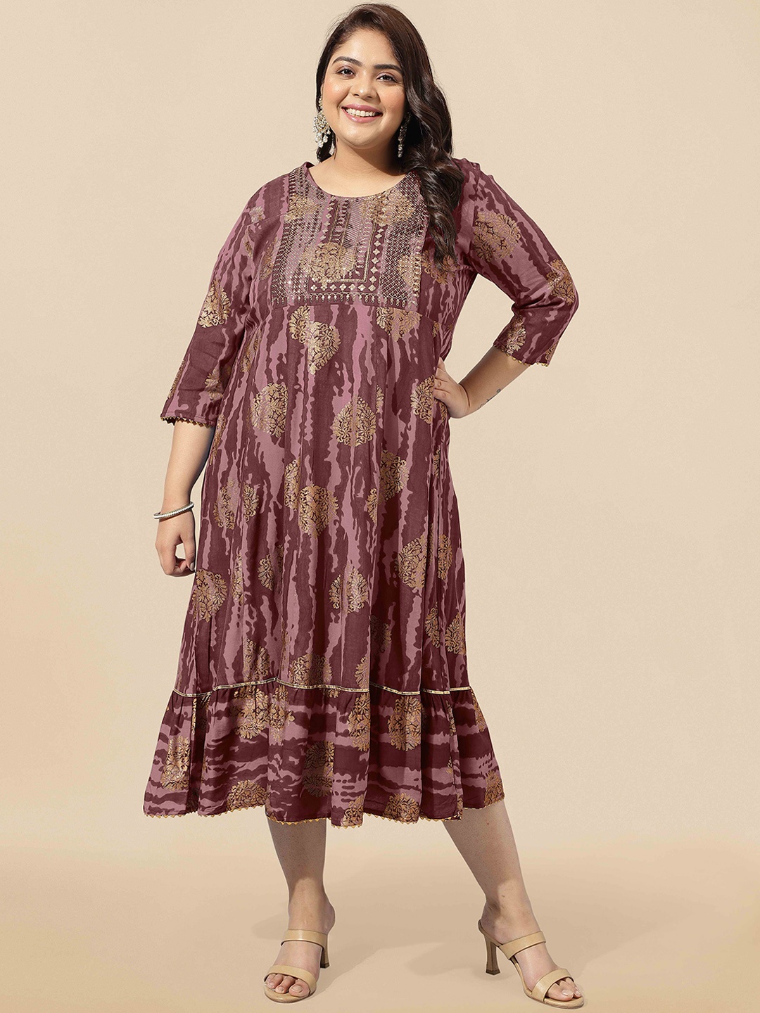 

KALINI Plus Size Foil Printed Pure Cotton A-Line Kurta, Mauve