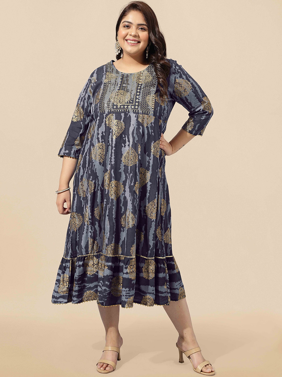 

KALINI Plus Size Foil Printed Pure Cotton A-Line Kurta, Grey