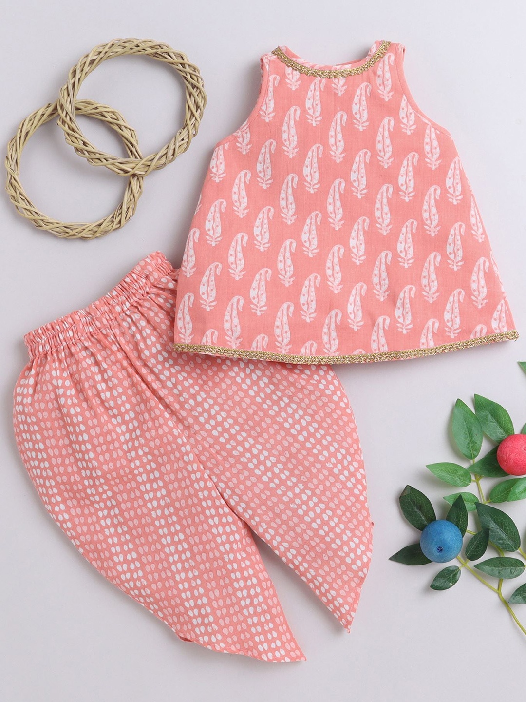 

MANY FROCKS & Girls Ethnic Motifs Printed Cotton Silk A-Line Kurti With Dhoti Pant, Peach