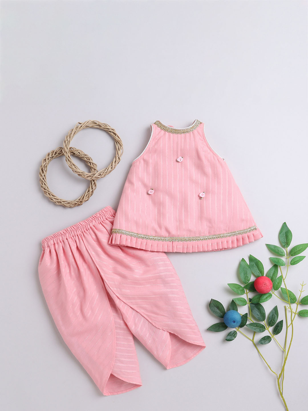 

MANY FROCKS & Girls Floral Embroidered Cotton Silk A-Line Kurta With Dhoti Pant, Pink
