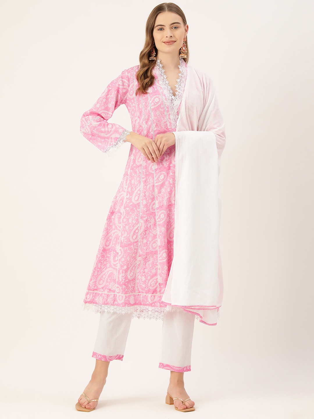 

MISRI Women Ethnic Motifs Printed Regular Pure Cotton Kurta with Trousers & With Dupatta, Pink