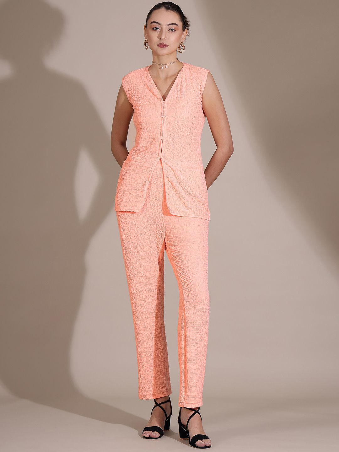 

Selvia Self Design V-Neck Sleeveless Top & Trousers, Peach