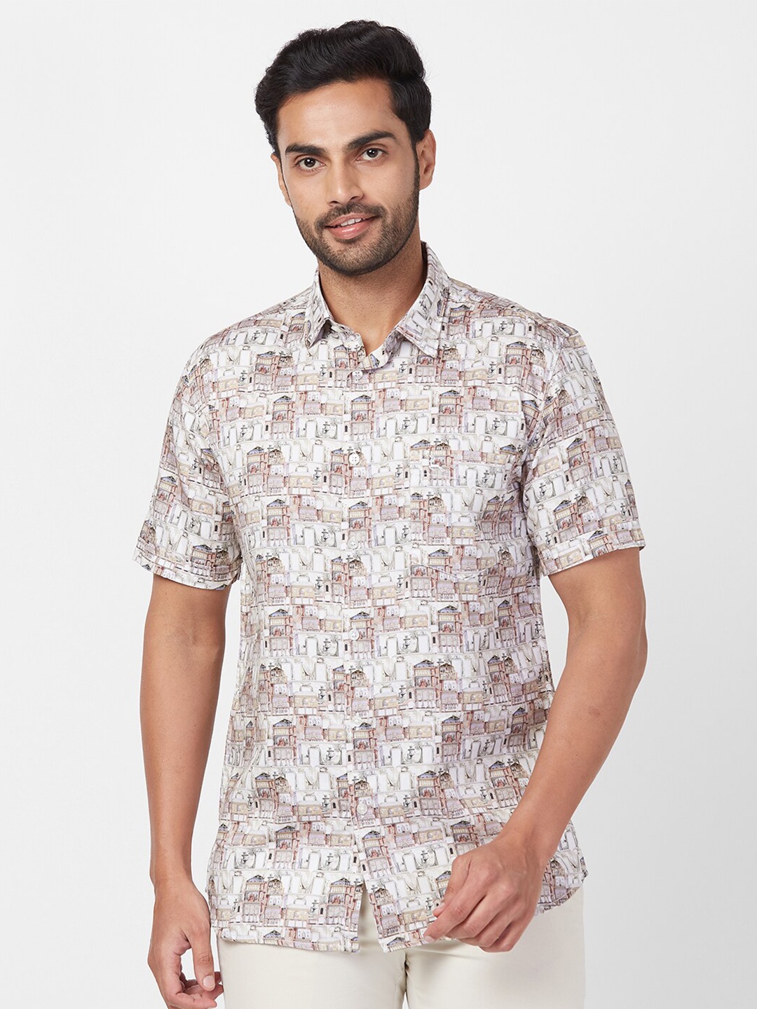 

Parx Slim Fit Geometric Printed Spread Collar Cotton Casual Shirt, Green