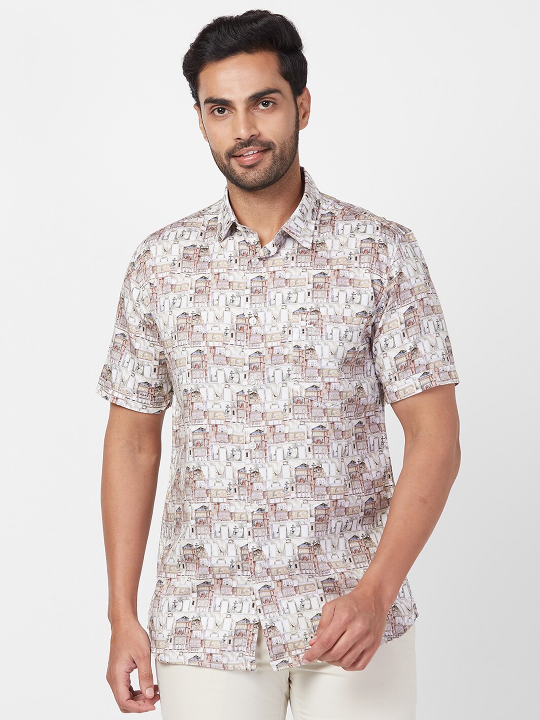 

Parx Slim Fit Geometric Printed Spread Collar Cotton Casual Shirt, Green