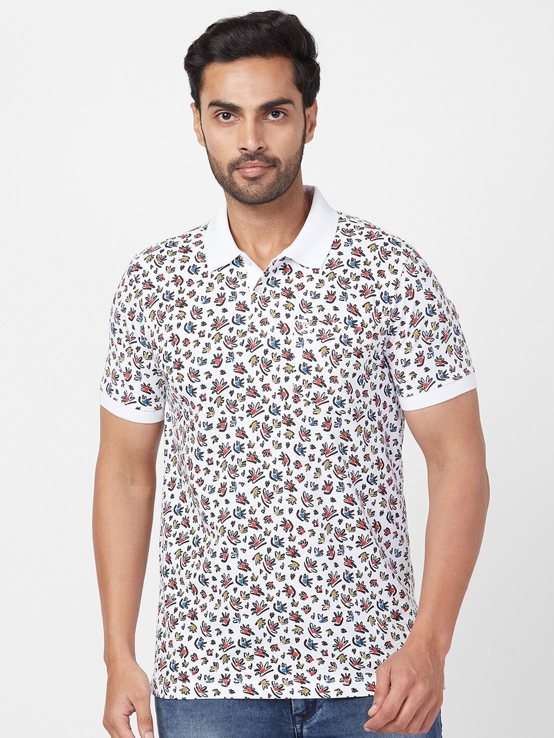 

Parx Floral Printed Polo Collar Cotton T-shirt, White