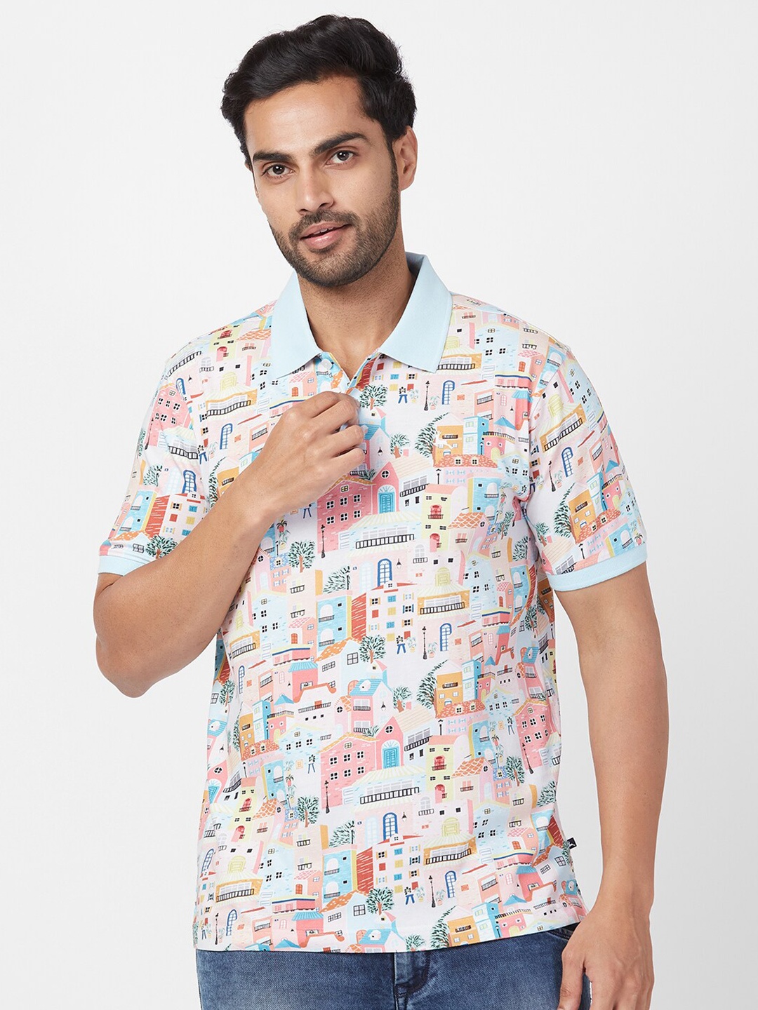 

Parx Conversational Printed Polo Collar Cotton T-shirt, Blue