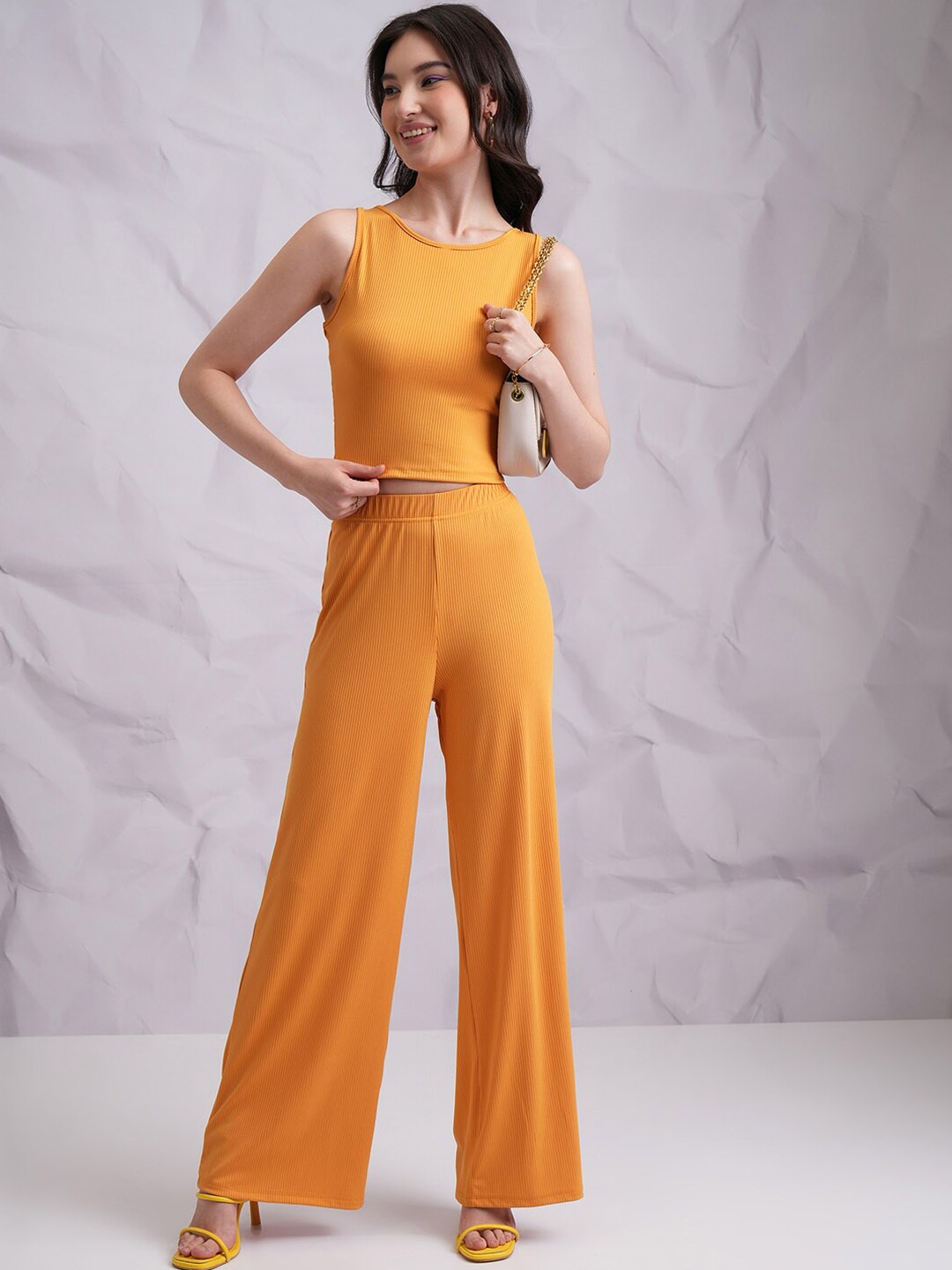 

Tokyo Talkies Sleeveless Crop Tank Top & Flared Trousers Co-Ords, Yellow