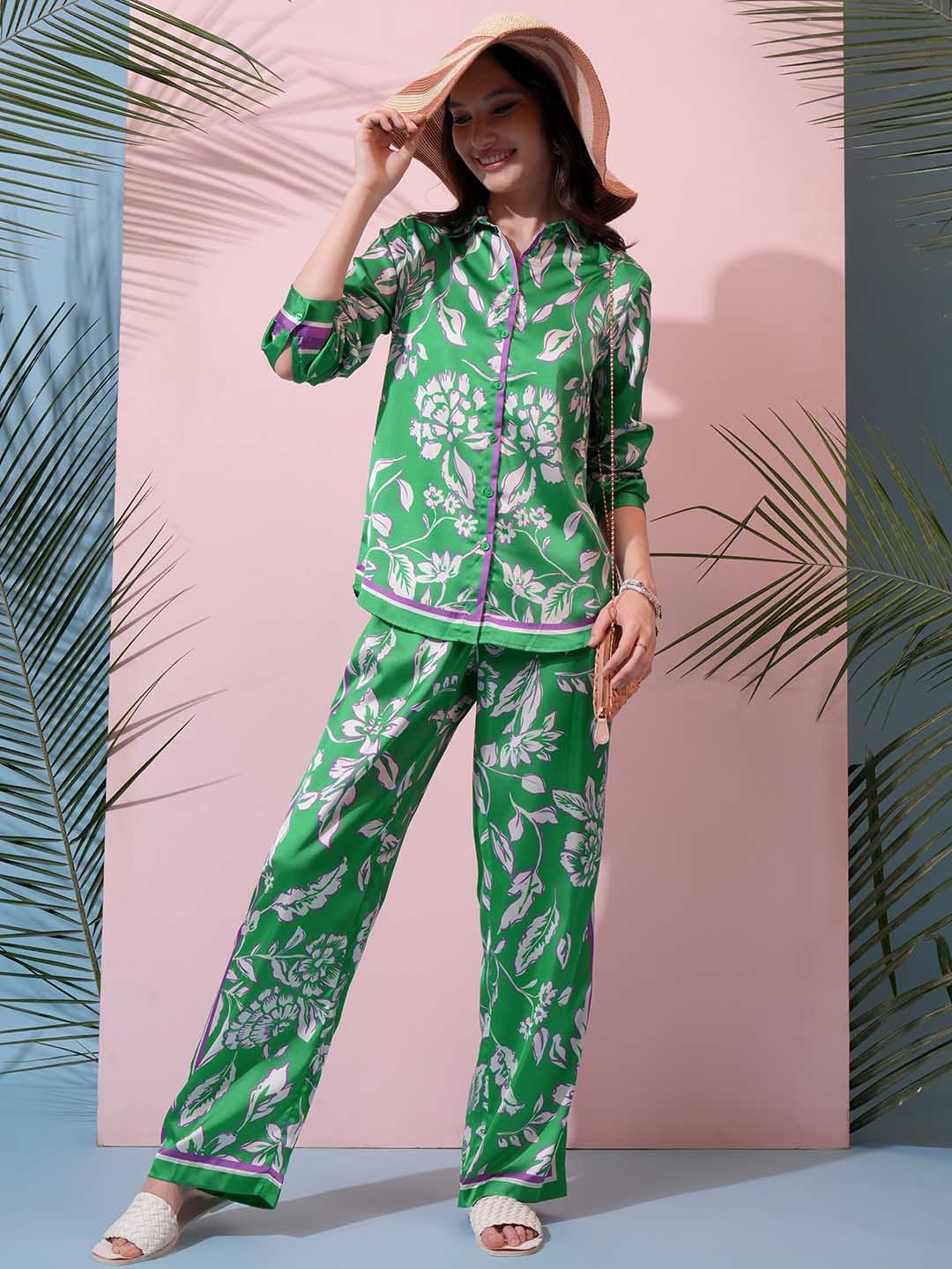 

Tokyo Talkies Printed Shirt & Trouser Co-Ord Set, Green