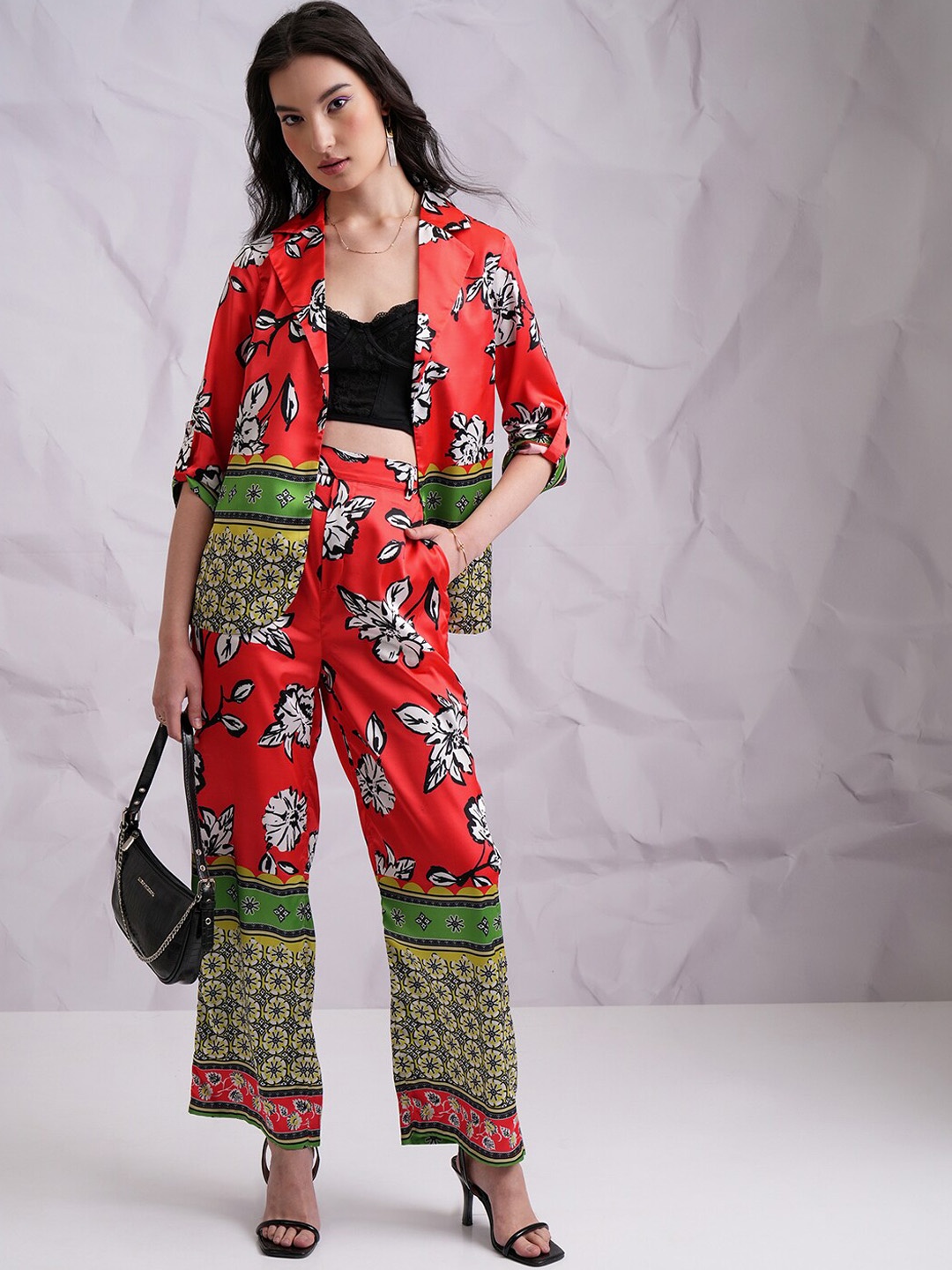 

Tokyo Talkies Red Printed Lapel Collar Neck Blazer & Straight Trouser