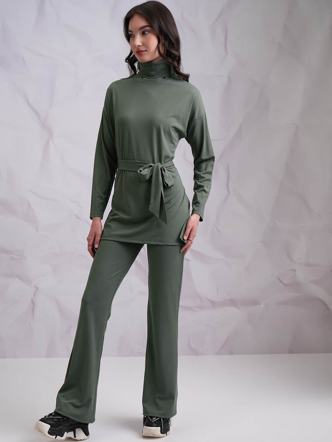 

Tokyo Talkies Olive Green High Neck Top With Trousers