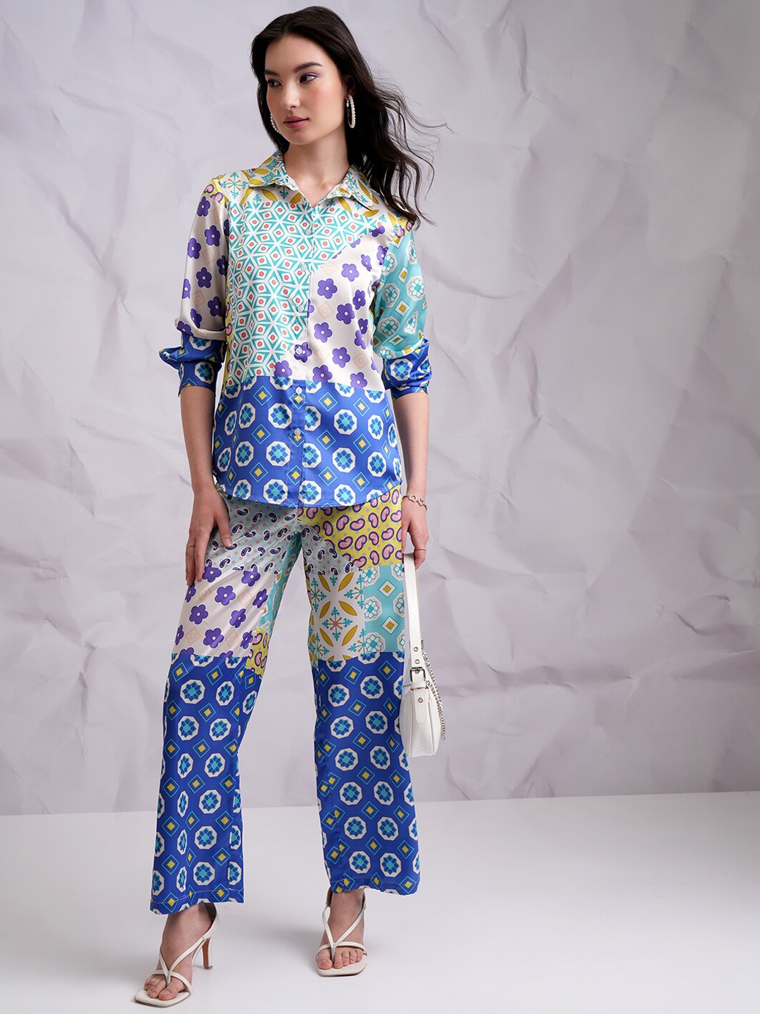 

Tokyo Talkies Blue Printed Satin Shirt & Trouser